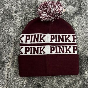 PINK Victoria's Secret Women’s Burgundy and White  Beanie
